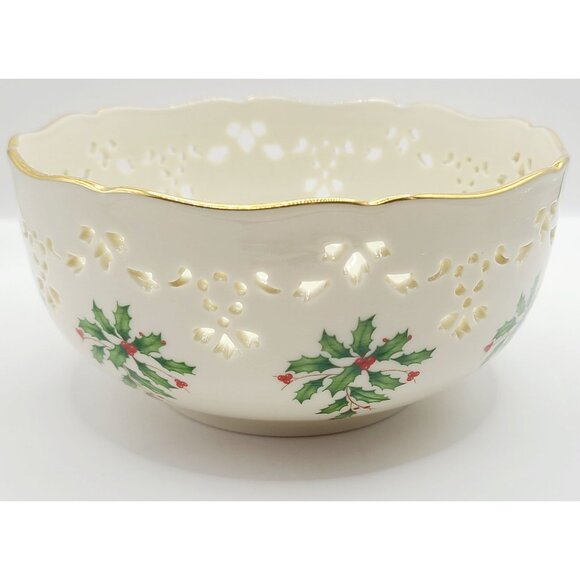 Lenox Holiday Holly Berry Ivory Porcelain Pierced Bowl w/ Gold Trim Made in USA - Picture 3 of 8